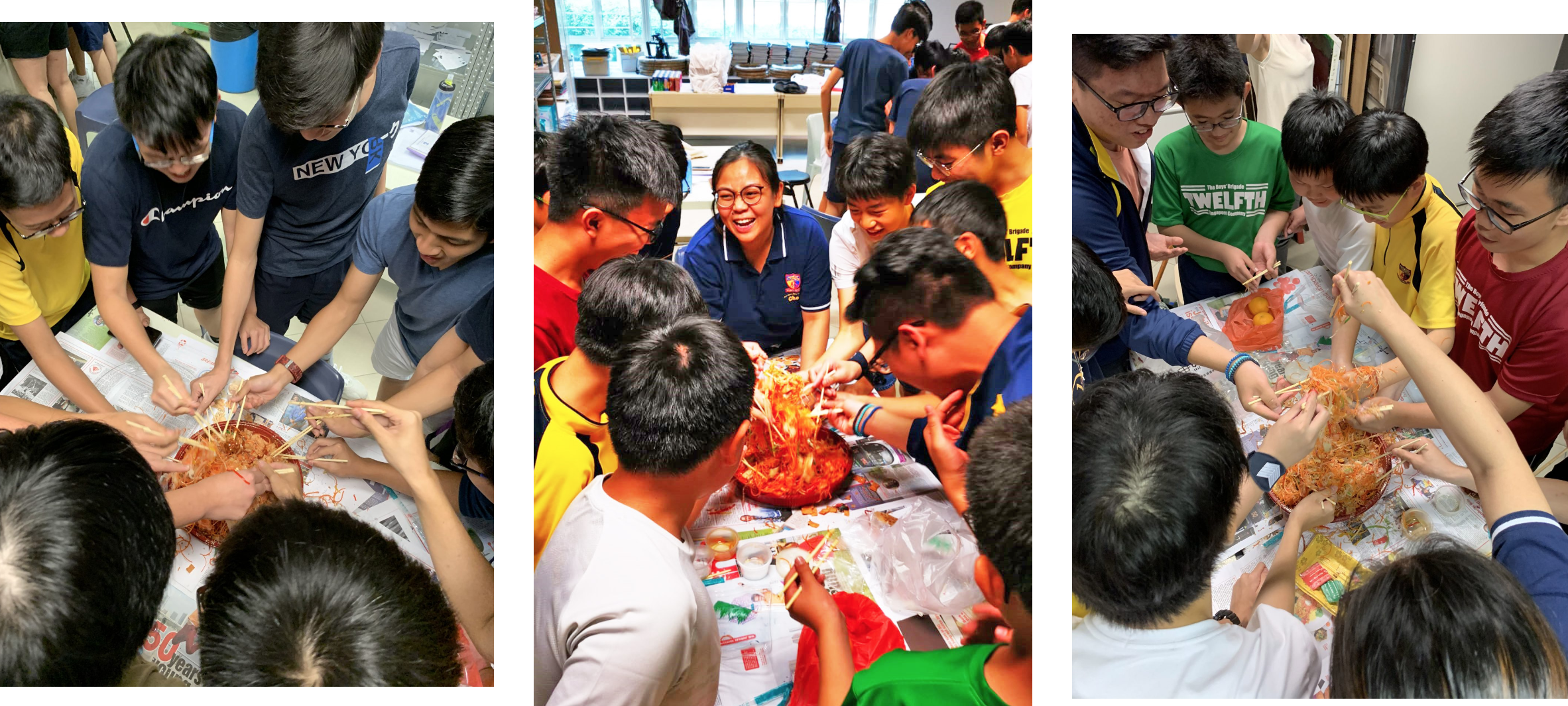 Three photos of youths crowding a table, using chopsticks to mix shredded salad in a large bowl.